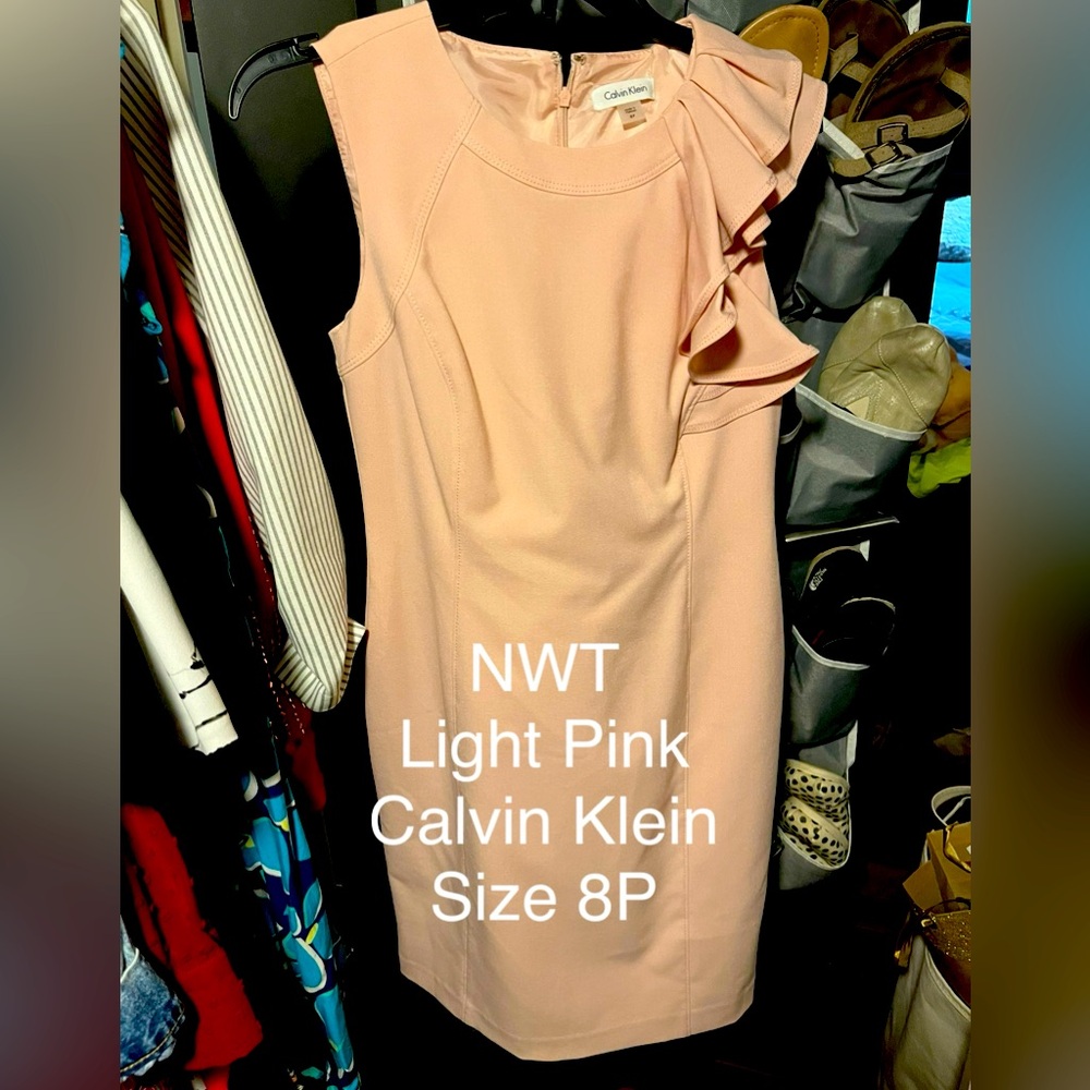 Calvin Klein one shoulder flutter sleeve dress in the color petal. NWT